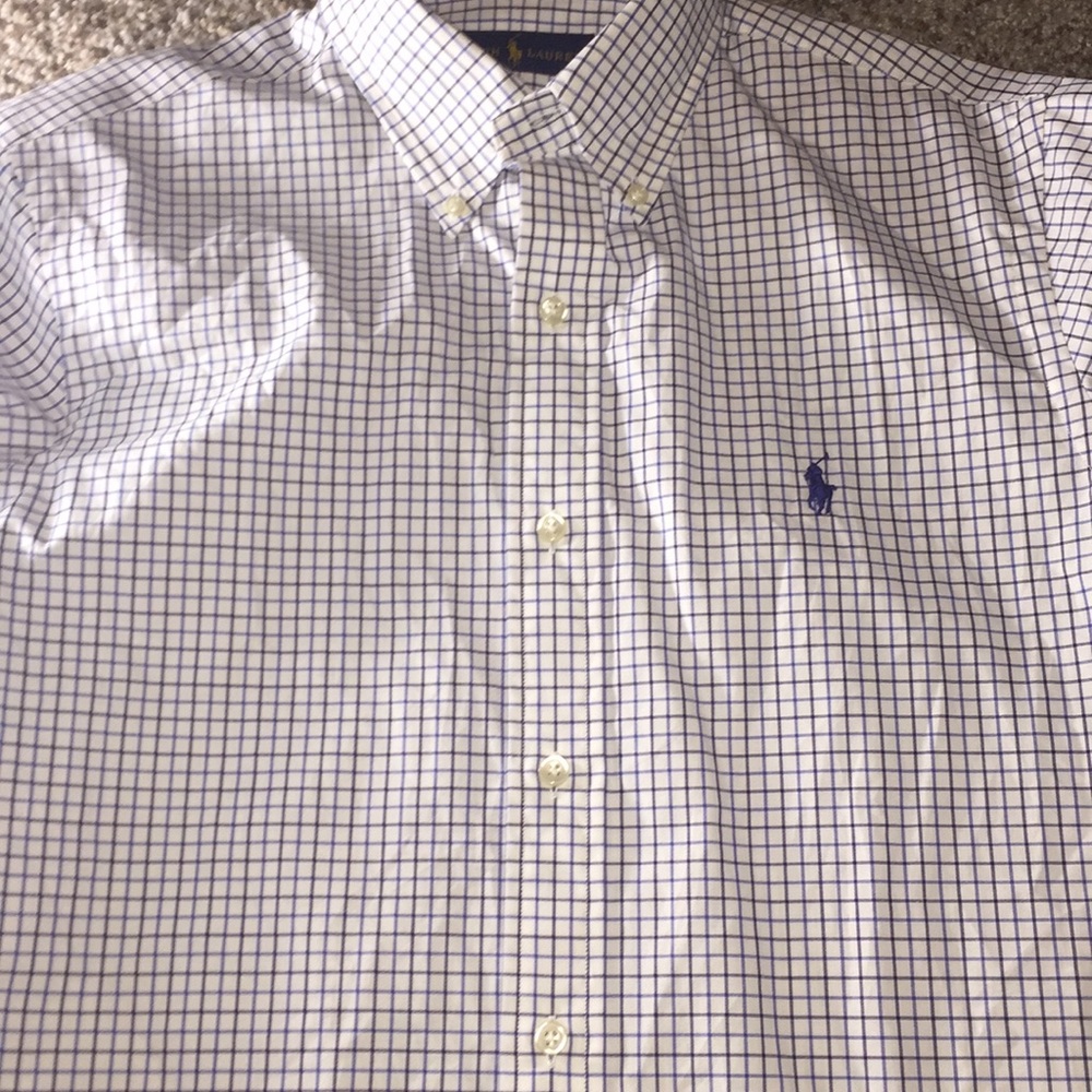 White and blue striped polo dress shirt